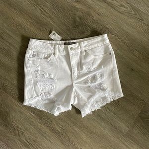 Ruby and Jenna mid rise super destroyed short denim shorts